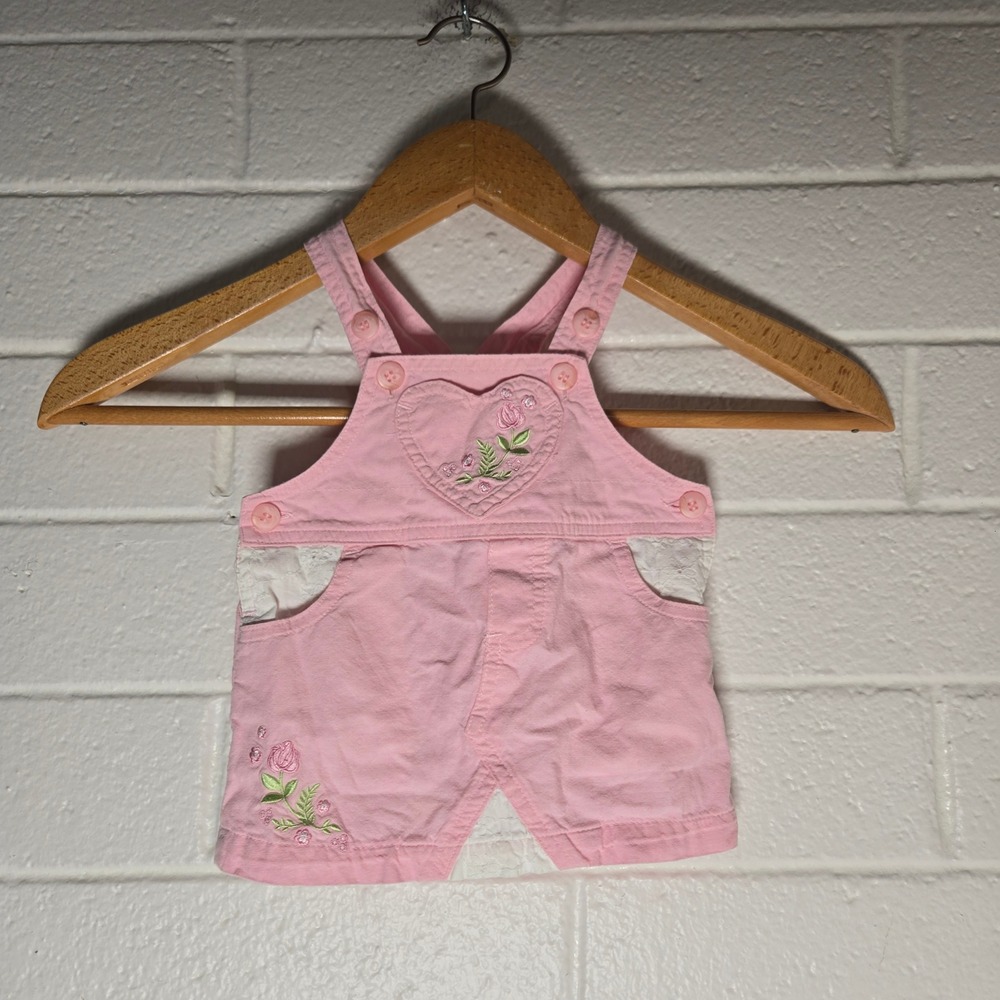 Vtg Pink Heart Floral Embroidered Baby Girl Overalls 12M Eyelet Lace Trim Summer